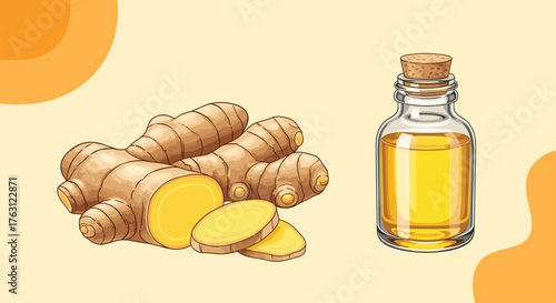Illustration of ginger root with sliced pieces and a bottle of ginger oil on a light background