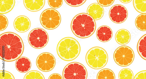 A seamless pattern of citrus fruit slices including oranges lemons and grapefruits on white