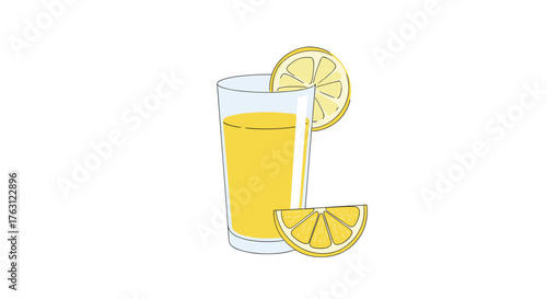 Illustration of a glass filled with yellow liquid and lemon slices on a white background