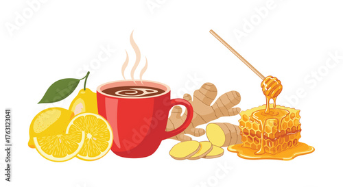 Illustration of a red mug with steam, lemons, ginger, and honeycomb with honey dipper on white