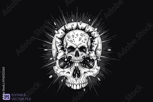 Intricate Skull Design with Horns and Radiant Aura.