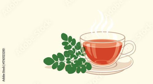 A clear cup of tea with steam on a saucer next to a sprig of green leaves on a cream background
