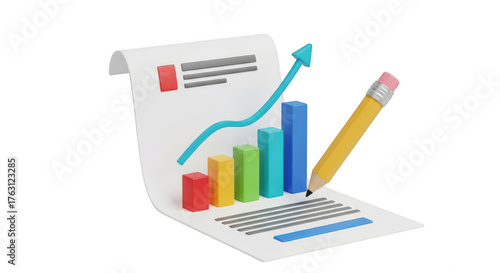 3d business growth chart with pencil isolated on transparent background