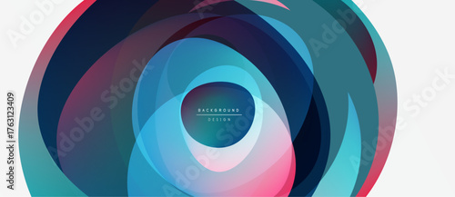 Abstract layers create dynamic visual effect. Colors blend, forming circular pattern. Modern design element for backgrounds.
