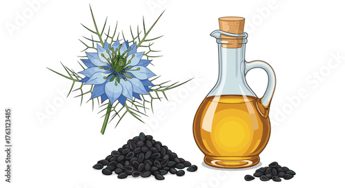 Illustration of nigella flower, seeds, and oil in a glass bottle with a cork stopper on white