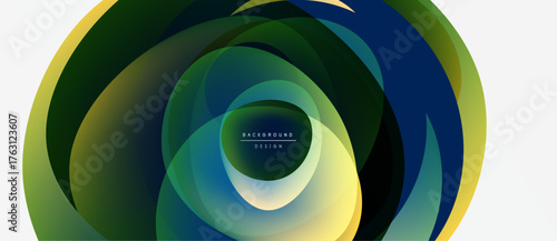 Abstract layered shapes create dynamic circular design. Colors blend, forming gradient effect. Center text reads background design.