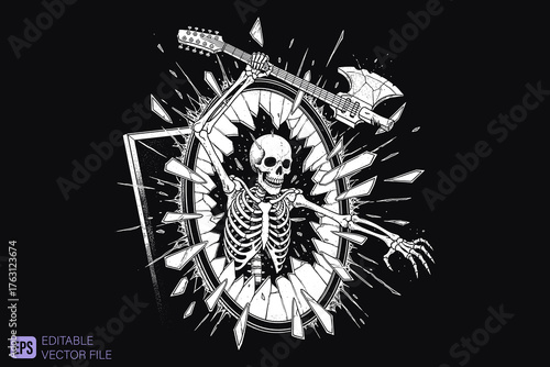 Skeleton playing electric guitar breaking through a mirror.