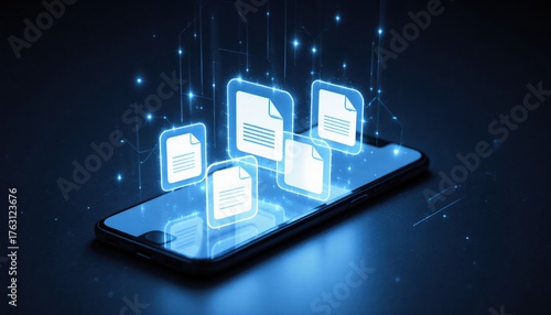 Wallpaper Mural Close-Up of Smartphone Displaying Floating Document Icons in Dark Torontodigital.ca