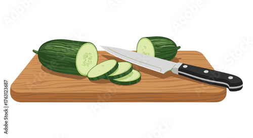 A sliced cucumber with a knife on a wooden cutting board ready to be served as a healthy snack