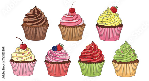 Seven delicious cupcakes with various flavors and toppings arranged on a plain white background