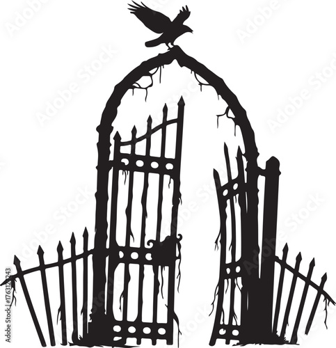 Silhouette of a spooky, gothic gateway with a crow perched on top, representing a dark and mysterious entrance