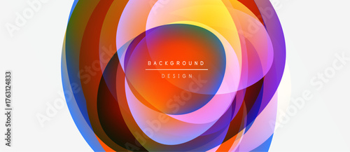 Abstract colorful layers create dynamic circular design. Vibrant hues blend, forming modern background element. Smooth gradients offer visual interest.
