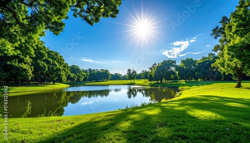 Fototapeta Naklejka Na Ścianę i Meble -  Serene lake amidst green parkland