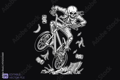 Skeleton Riding BMX Bike Through Trash and Debris.