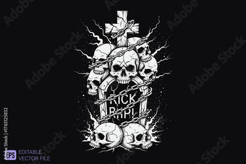 Gothic Skull and Cross Gravestone with Chains and Lightning.