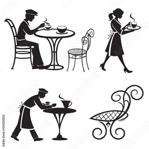 Vector art of silhouettes of people drinking coffee and waiters serving