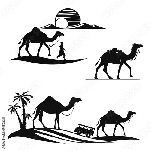 Vector art of desert scene with camels palm trees, car, and traveler