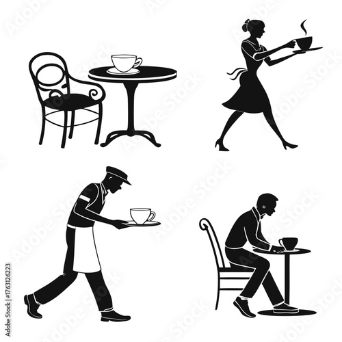 Vector art of silhouettes of people drinking coffee and waiters serving