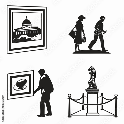 Vector art of silhouetted museum scene with people viewing art