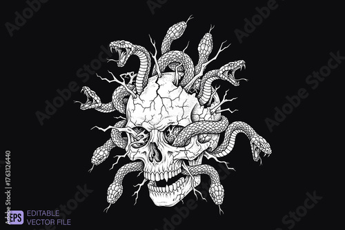 Skull and Snakes Medusa Head Illustration.