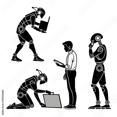 Vector art of robots and human working together on technology