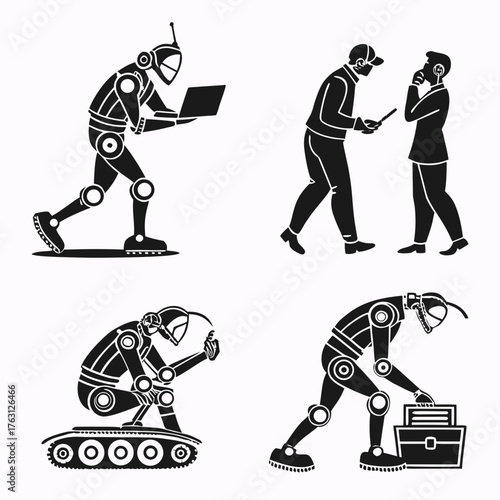 Vector art of robots and human working together on technology