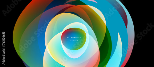 Abstract colorful layers create dynamic circular design. Bright hues blend, forming modern visual experience.