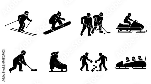 Collection of winter sport and activity icons including skiing snowboarding sledding and snowman building on a transparent background