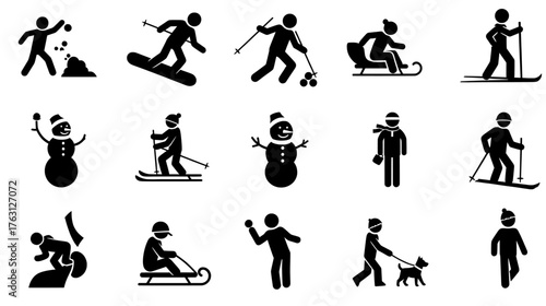Collection of winter sport and activity icons including skiing snowboarding sledding and snowman building on a transparent background