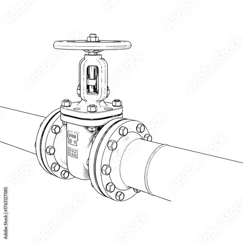 Detailed illustration of a industrial gate valve with a handwheel attached to a large diameter pipe on a white background