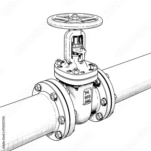Detailed illustration of a metal industrial gate valve with flanges connected to a white pipe on a white background