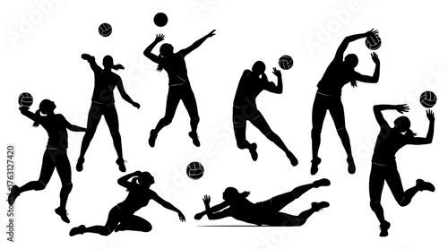 Dynamic silhouettes of volleyball players in action showing spiking serving diving and jumping during a match