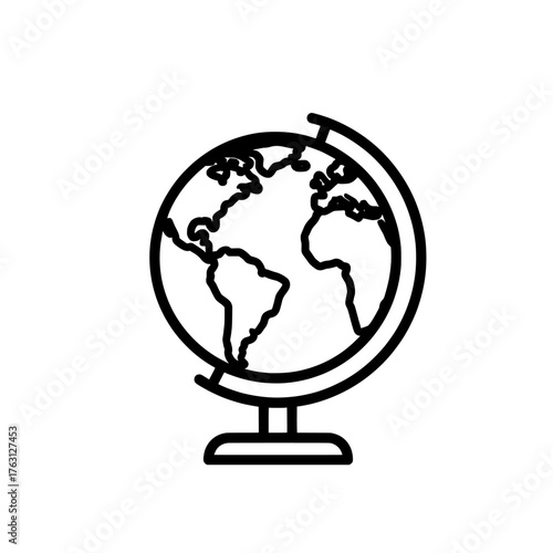 Simple hand drawn outline illustration of a classic terrestrial globe on a stand representing the planet earth