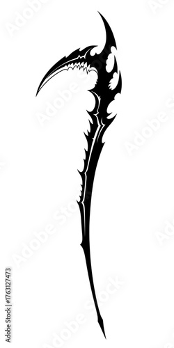 A stylized sharp black tribal scythe with a curved blade and jagged edges on a white background