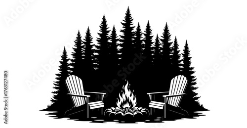 Cozy adirondack chairs flank a crackling campfire in a silhouette of tall pine trees creating a serene woodland scene