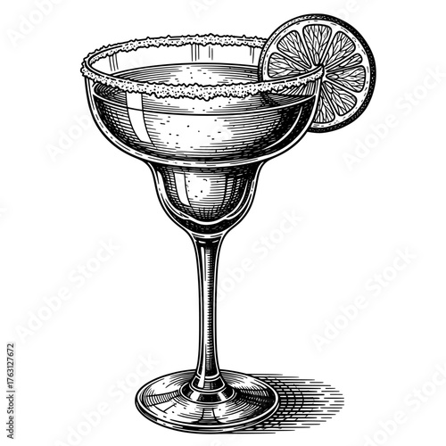 Classic margarita cocktail in a salt rimmed glass with a lime wedge garnish isolated on a white background