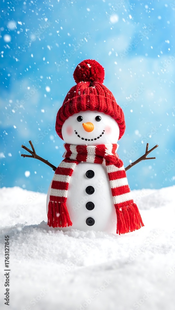 Obraz premium Snowman in red hat and scarf, snow