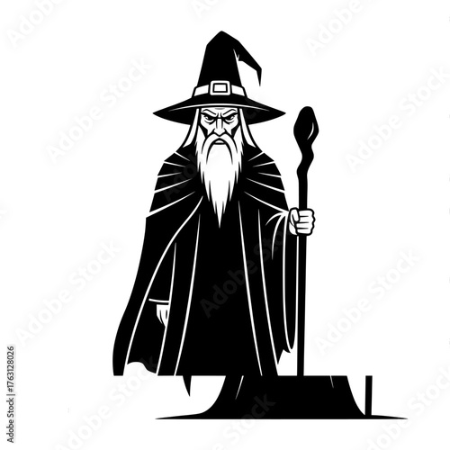 Mysterious ancient wizard with long white beard holding a magical staff and wearing a pointed hat and flowing robes