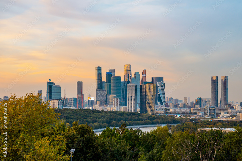 Fototapeta premium Panorama of the city with buildings and sights from above. Moscow, Russia - 12 Sep 2025