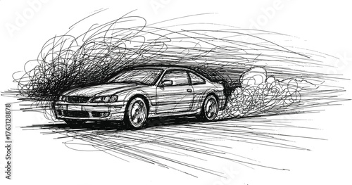 A sketch of a car drifting with smoke coming from the tires, creating a dynamic and actionpacked scene isolated on white background