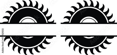 A set of four digital illustrations featuring split circular saw blade monogram frames for woodworking and carpentry designs