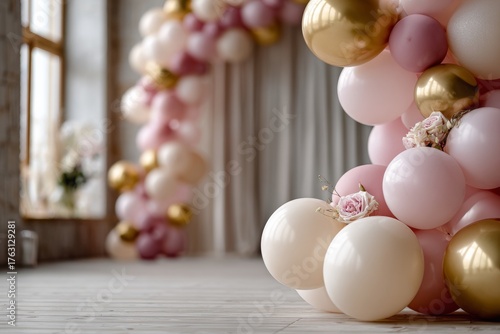 A vibrant arrangement of pastel balloons in a decorative setting, enhancing a cheerful ambiance for celebrations or events.