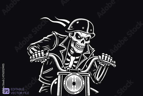 Skeleton Biker Riding Motorcycle with Helmet and Leather Jacket.