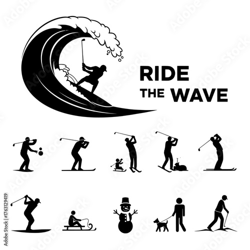 Dynamic illustration of a surfer riding a large wave with a collection of diverse winter and summer sports silhouettes below