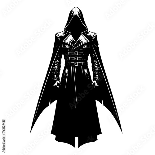 Mysterious cloaked figure in ornate dark fantasy armor with wide sleeves and hood against a white background