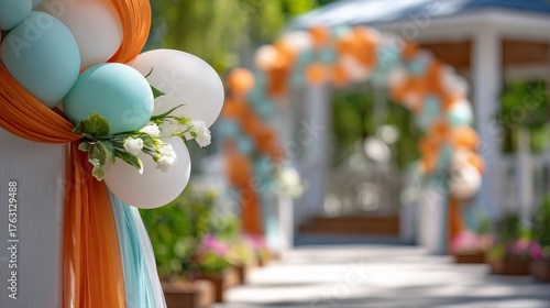 A beautifully decorated outdoor venue featuring pastel balloons and floral accents, perfect for a celebration or event.
