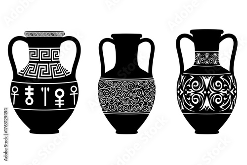 Three ancient greek amphorae vases with intricate decorative patterns and handles isolated on a white background