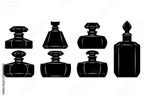 Collection of seven vintage and antique perfume bottles and decanters in silhouette on a white background