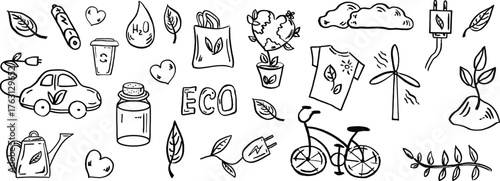 Eco friendly doodle sketch on black