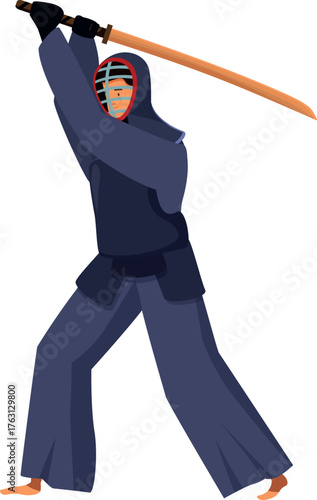 Kendo fighter is practicing martial art with shinai, bamboo sword, wearing kendogi and tare protective equipment